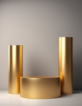 3d render of abstract geometric forms. Glossy golden podium for product presentation.の素材