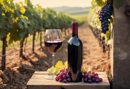 Wine bottle and glass of red wine on table in vineyardの素材