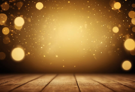 Christmas background with golden bokeh lights and wooden plank floor.の素材