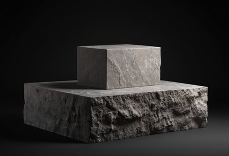 3d rendering of stone pedestal for product display on dark backgroundの素材