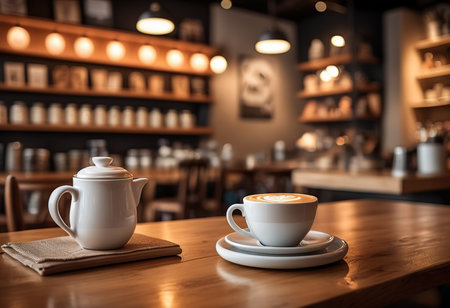 Coffee cup on wooden table in coffee shop, stock photoの素材