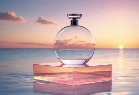 Transparent perfume bottle on the background of the sea. 3d renderingの素材