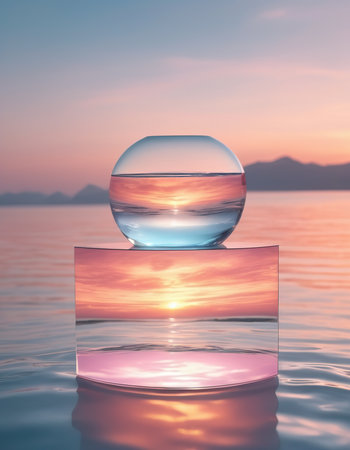 Illustration of a crystal ball floating on the water with a sunset in the backgroundの素材