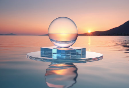 Crystal ball on the water and mountains in the background. 3d renderingの素材