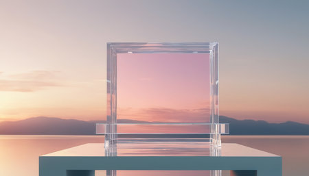 3d render of glass display podium on table with sunset background.の素材
