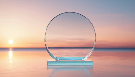 Empty glass podium on the background of the sea and sunset. 3d renderの素材
