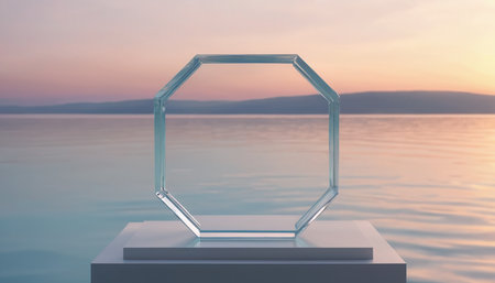 Empty glass showcase on the background of the sea and sunset. 3d renderingの素材