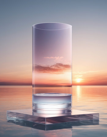 Empty glass on the background of the sunset sky. 3d renderingの素材