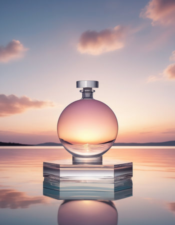 bottle of perfume on a background of the sea and sunset skyの素材