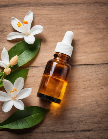 Essential oil in a glass bottle with white flowers on wooden backgroundの素材