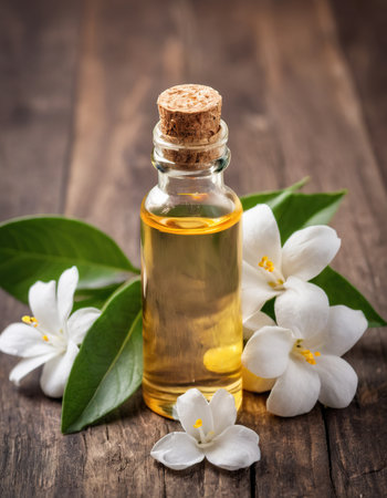 Essential oil with jasmine flowers on wooden background. Selective focus.の素材