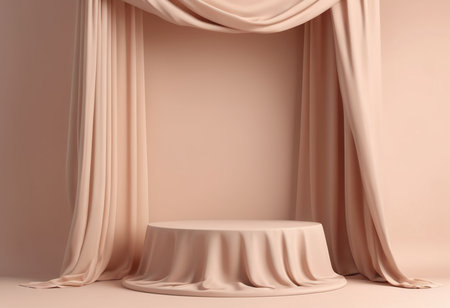 3d rendering of beige podium with drapery and curtainの素材