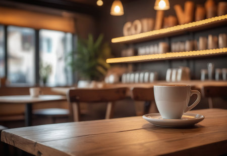 Coffee cup on wooden table in coffee shop, stock photoの素材