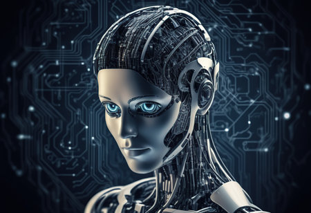 3d rendering female robot with circuit board in the background close upの素材