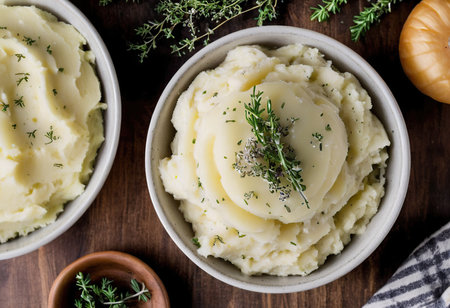 Mashed potatoes with thyme and rosemary in a bowl on a wooden background.の素材