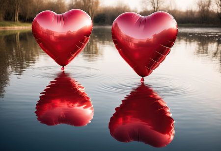 Valentines day background with red heart shaped balloons on water surfaceの素材