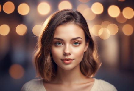 beauty, people and luxury concept - beautiful young woman face over lights backgroundの素材