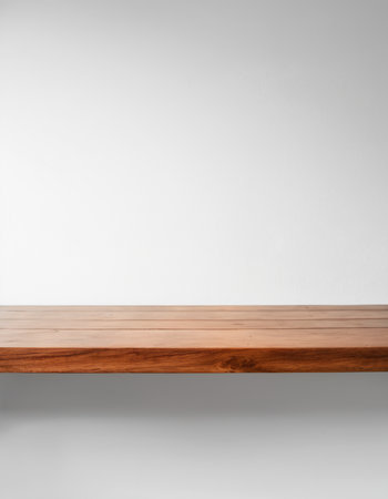 Empty wooden shelf on white wall background. For product display montageの素材