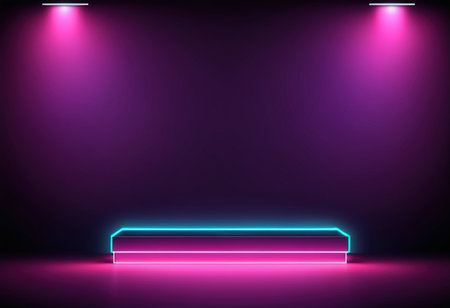 Neon podium in dark room with spotlights. Vector illustration.の素材