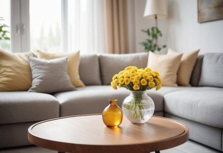 Bouquet of yellow chrysanthemums in vase on table in living roomの素材