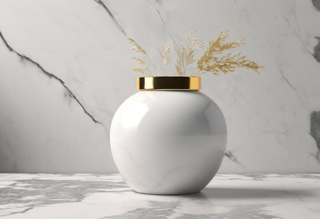 3d rendering of a vase on a marble table with a golden lidの素材