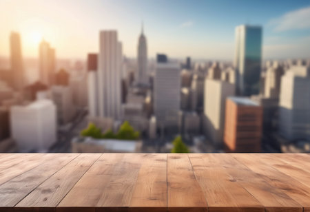 Wood table top on blur cityscape background - can be used for display or montage your productsの素材