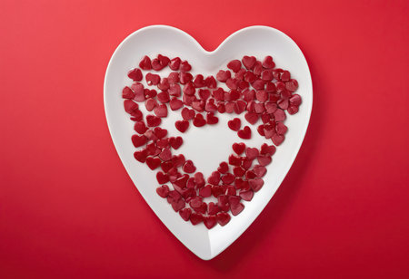 Red heart shaped candies on a white plate on a red backgroundの素材