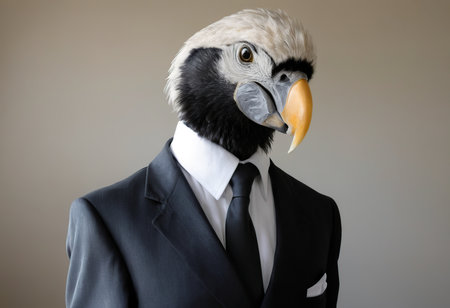 Portrait of a bald eagle in a suit and tie on a gray backgroundの素材