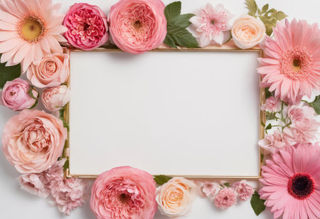 Flowers composition. Frame made of pink flowers on white background. Flat lay, top view, copy spaceの素材