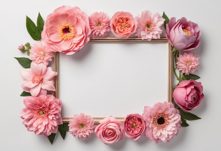Frame with pink flowers on white background. Flat lay, top viewの素材