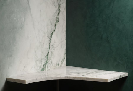 Marble countertop in front of a green wall with copy spaceの素材