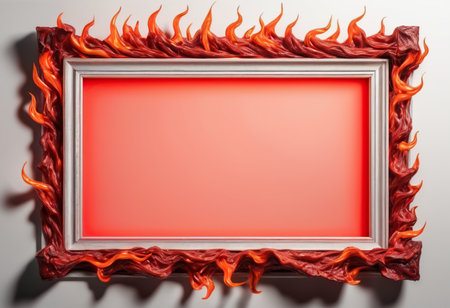 picture frame on a white wall with red fire and place for textの素材