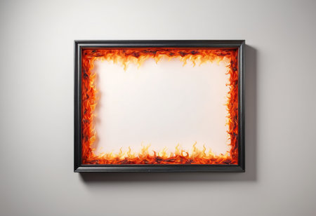 Black frame with fire on a white background. 3d rendering.の素材