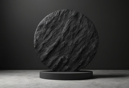 Minimalist abstract scene with black podium on concrete floor. Mock up, 3D Renderingの素材