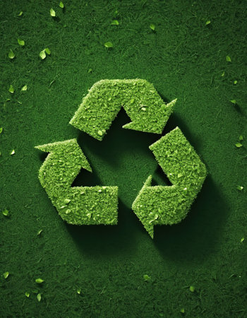Recycling symbol made of grass and leaves on grass background.の素材
