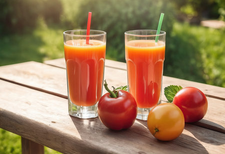 Tomatoes and juice in a glass on a wooden table outdoors.の素材