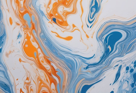 Marbled blue and orange abstract background. Liquid marble ink pattern.の素材
