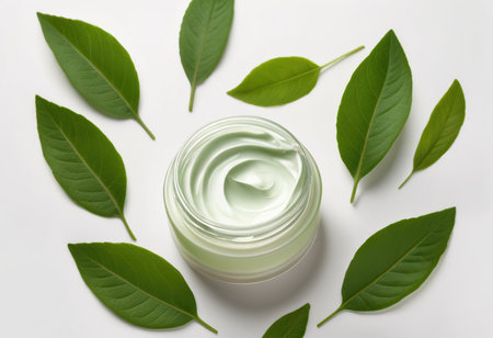 Jar of face cream with green leaves on white background, top viewの素材