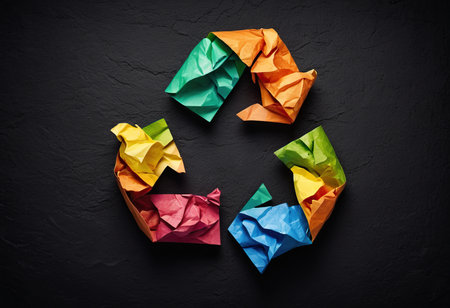 Colorful crumpled paper as recycle symbol on black background.の素材