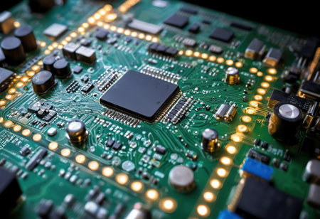 Close-up of electronic circuit board with microchips and microchipsの素材
