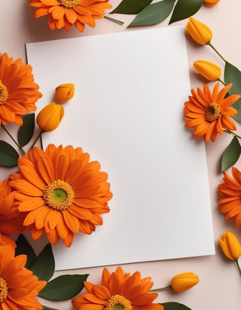 Flowers composition. Frame made of orange flowers on pastel background. Flat lay, top view, copy spaceの素材