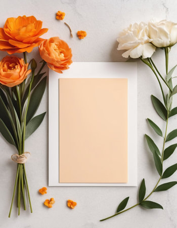 top view of blank card with orange and white flowersle surfaceの素材