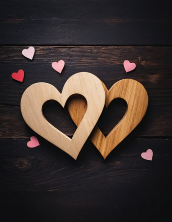 Wooden hearts on a dark wooden background. Valentine's Day.の素材