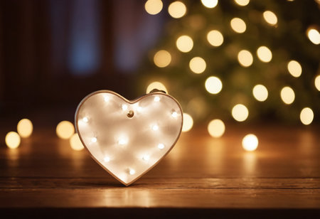 Heart shaped candle with bokeh lights on wooden table in front of Christmas treeの素材