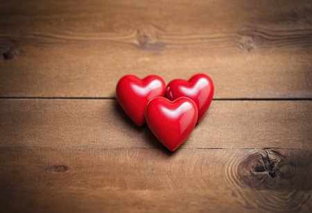 Two red hearts on a wooden background. Valentines day card.の素材