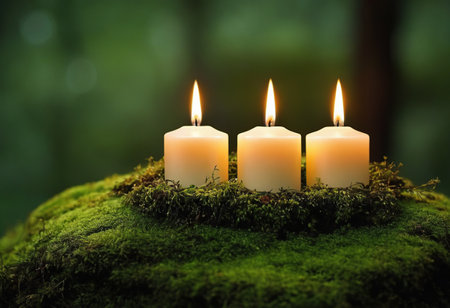Three burning candles on green moss in forest, shallow depth of fieldの素材