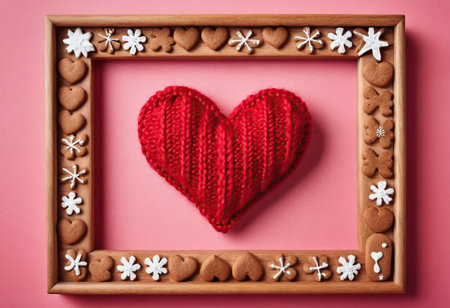 Red heart in wooden frame on pink background with snowflakes.の素材
