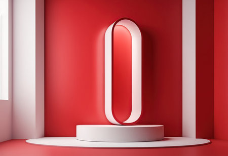 Abstract minimal scene with red podium, 3d render, square compositionの素材