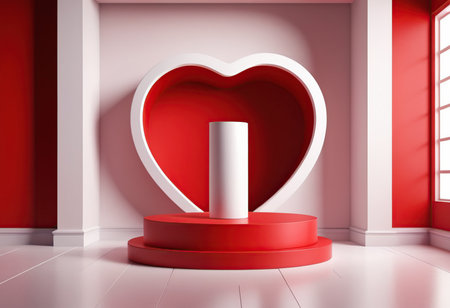 Valentine's day background with red heart and podium. 3d renderingの素材