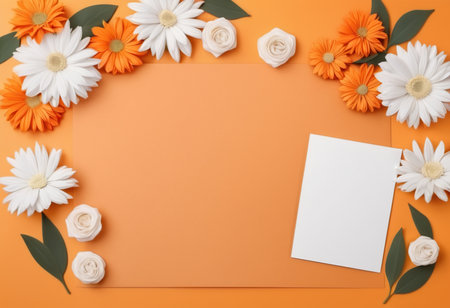 Flowers composition. Frame made of white and orange flowers on orange background. Flat lay, top view, copy spaceの素材
